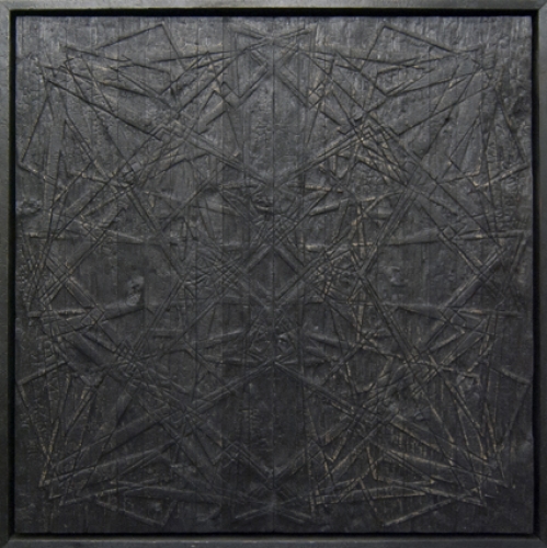 <p>Mark Titchner</p><p><br />Expansion (2012 Loveknot), 2011<br />Burnt wood, varnish, aluminium<br />85 x 85 x 6,5 cm</p>